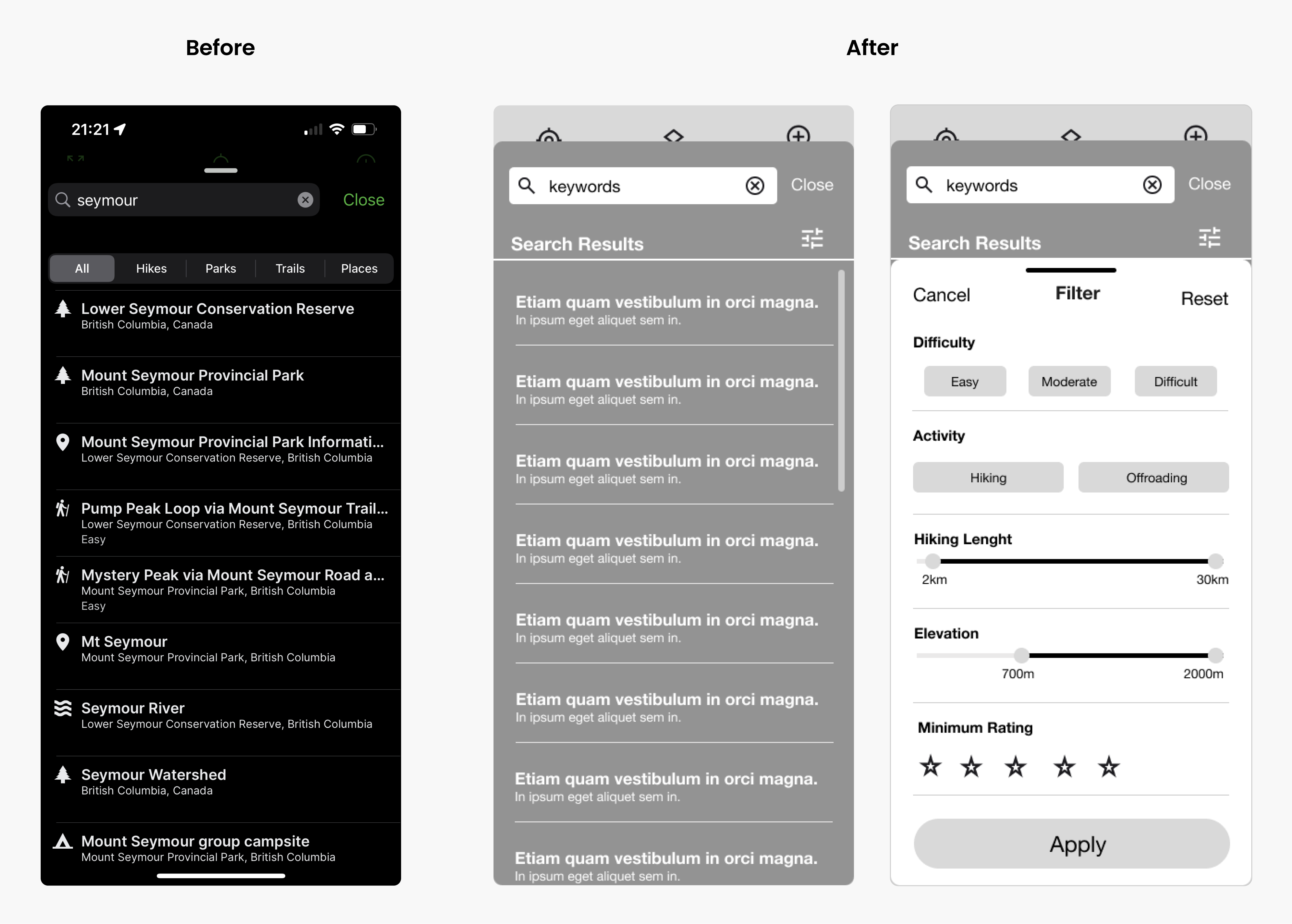 A redesigned Search and filter page for Gaia GPS